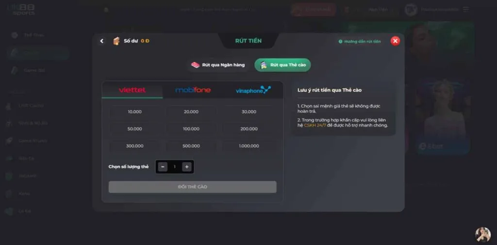 Hướng dẫn rút tiền uk88 thông qua thẻ cào